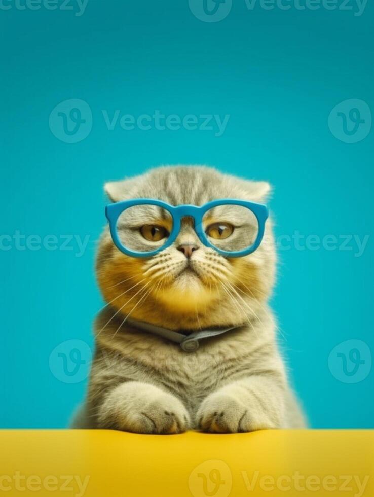 Scottish fold wearing glasses on blue background. photo