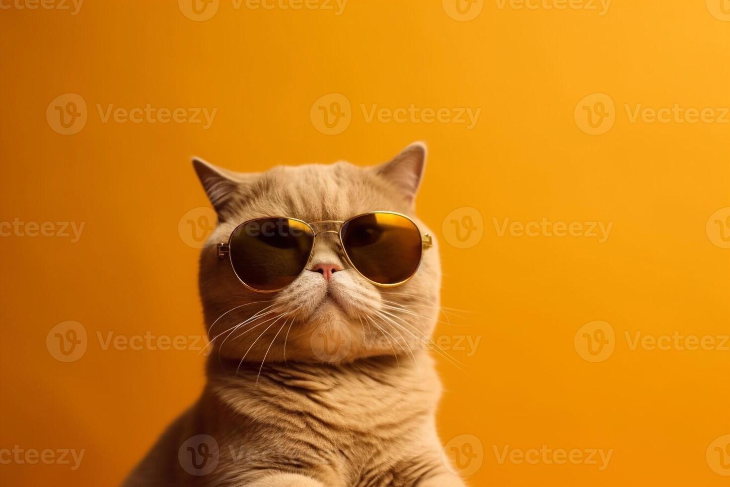 Cute Scottish fold cat wearing brown cat on yellow background. photo