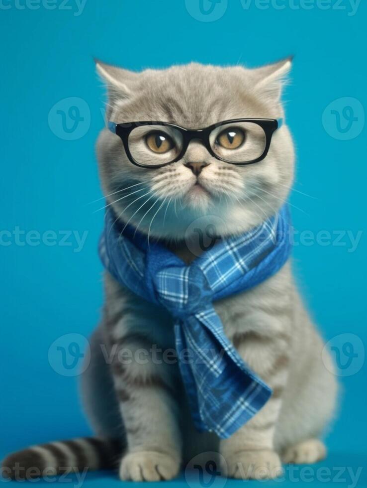 Cute Scottish fold wearing eyeglasses and scarf on blue background. photo