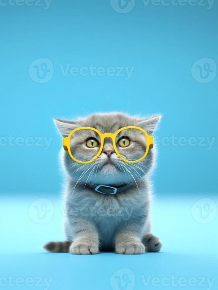 Portrait of a british cat with yellow glasses on blue background. photo