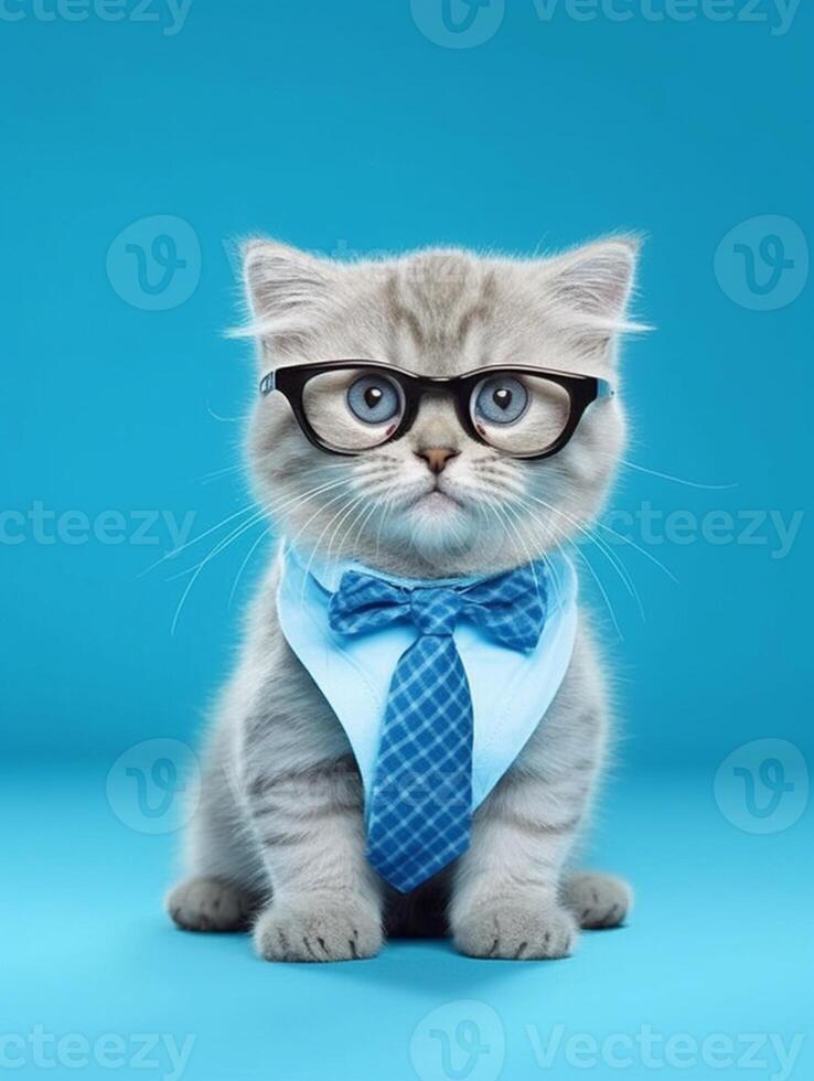 Cute Scottish fold wearing eyeglasses and scarf on blue background. photo