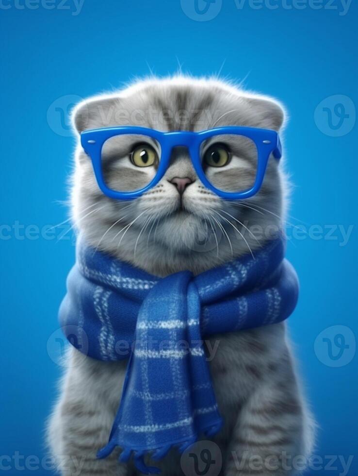 Cute Scottish fold wearing eyeglasses and scarf on blue background. photo