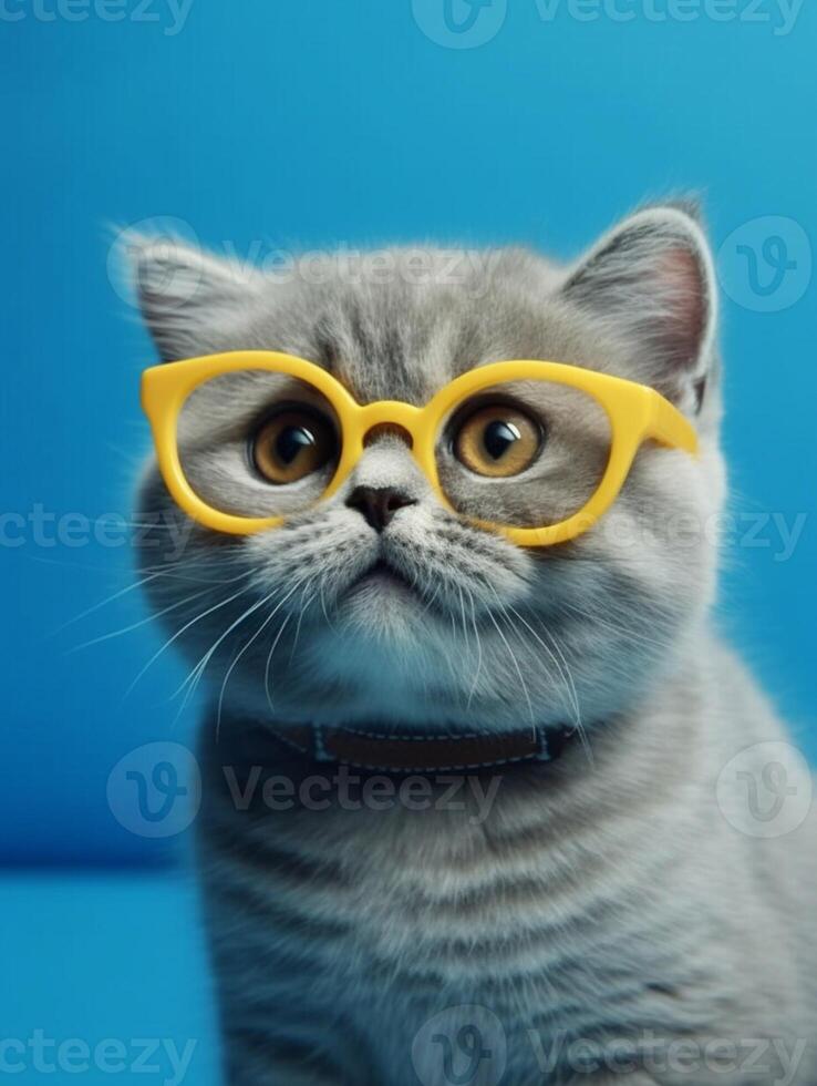 Portrait of a british cat with yellow glasses on blue background. photo