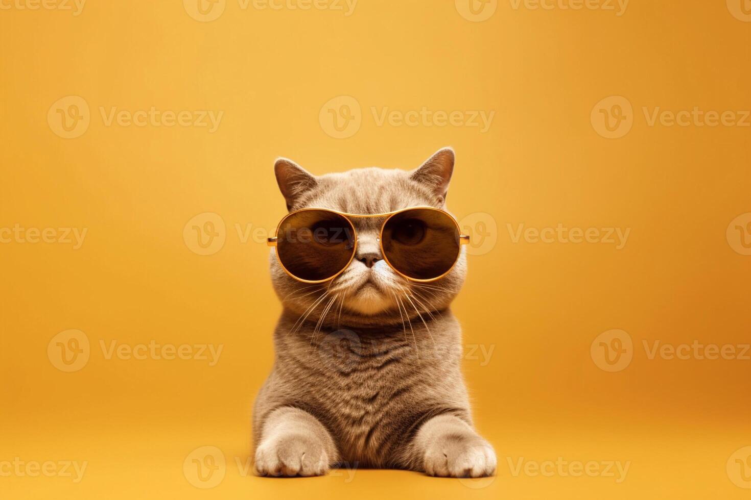Cute Scottish fold cat wearing brown cat on yellow background. photo
