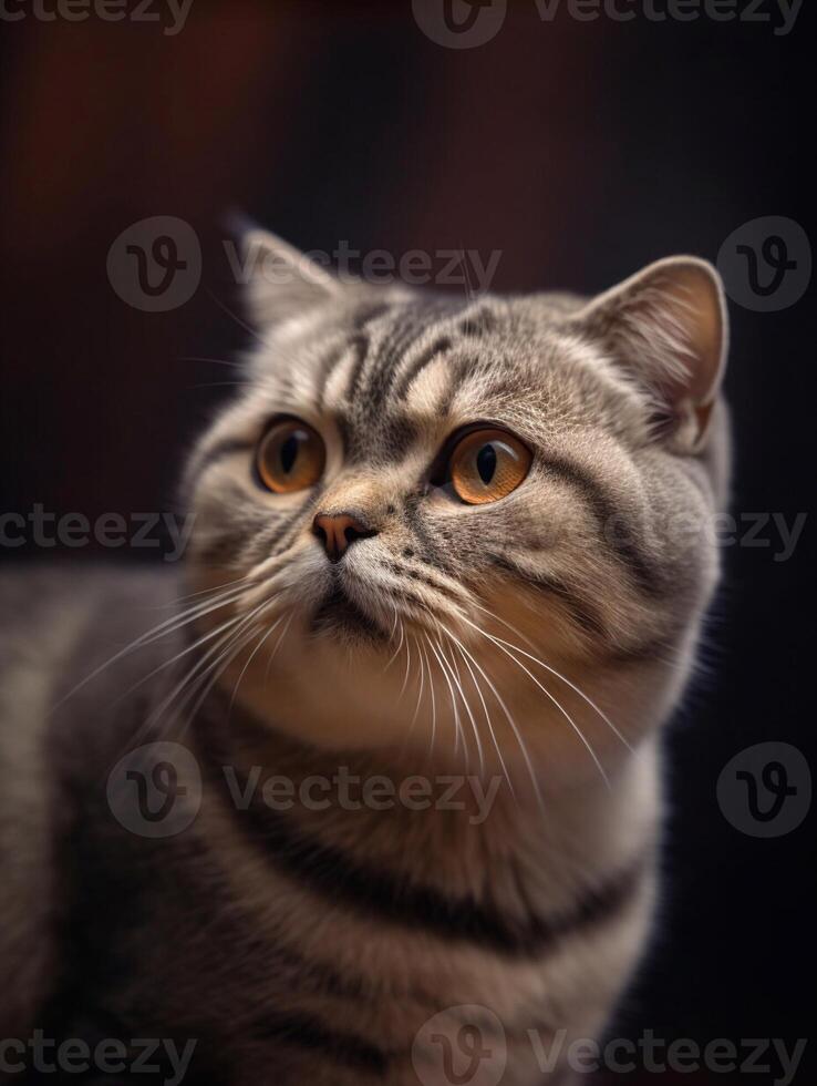 Cute Scottish fold kitten on dark background. close up. photo