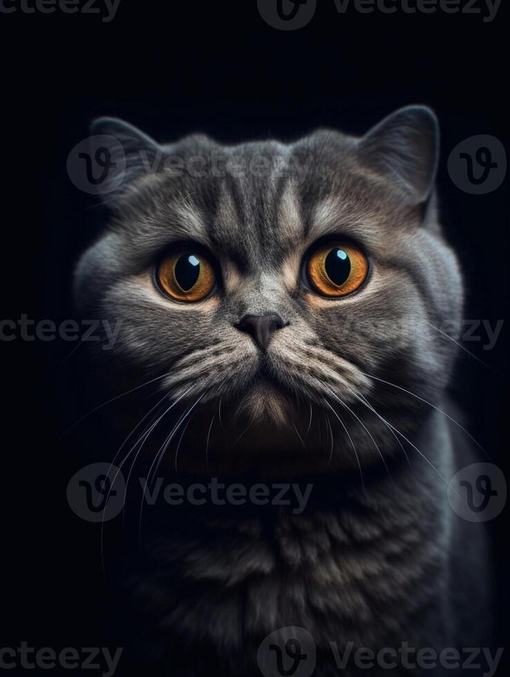 Cute Scottish fold kitten on dark background. close up. photo