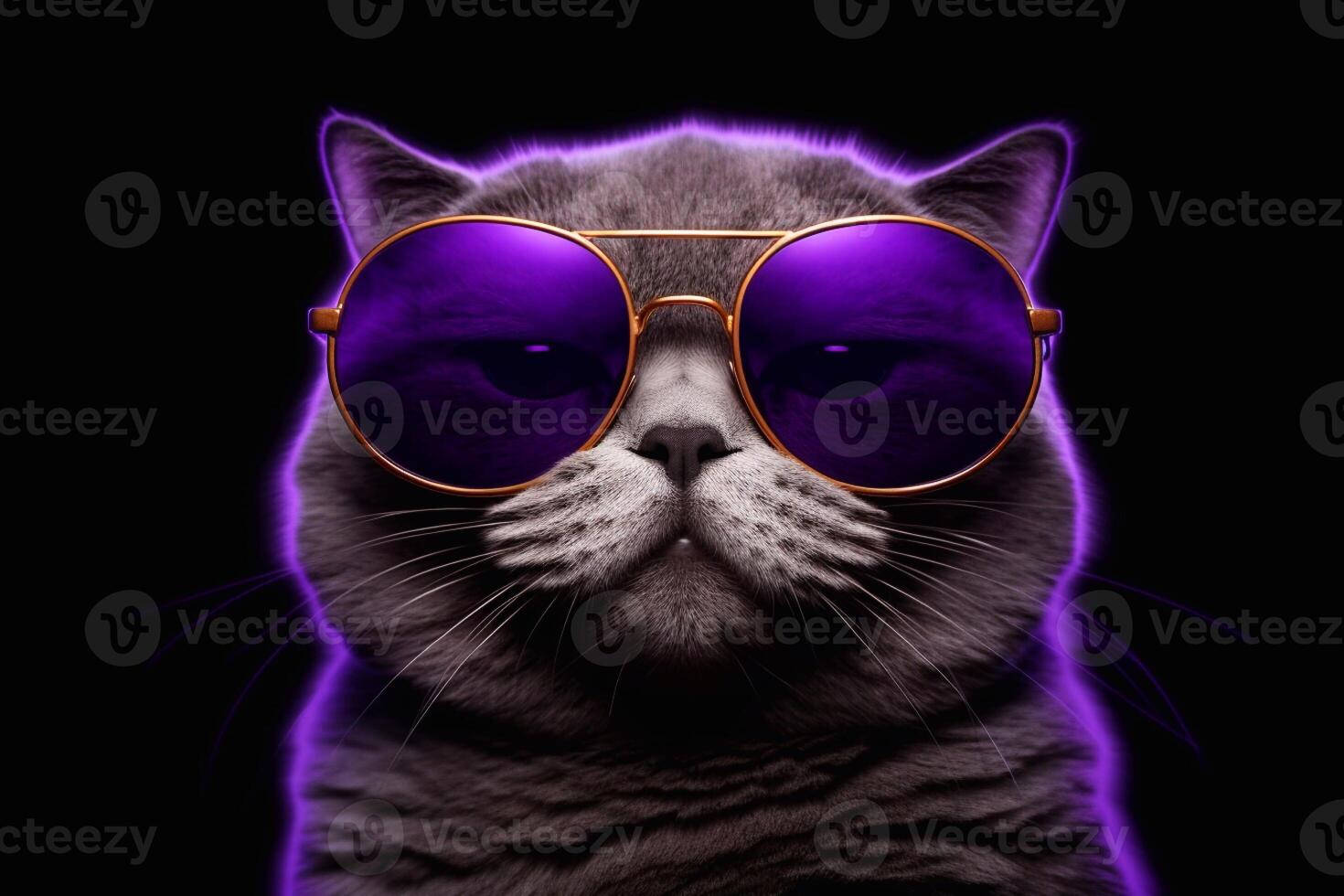 retrato de un británico gato con Gafas de sol en negro antecedentes. generativo ai foto