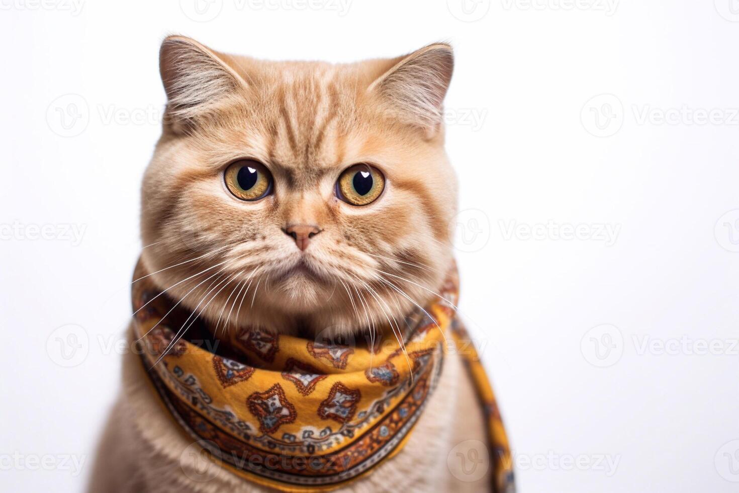 Beautiful Scottish fold wearing scarf on white background. photo