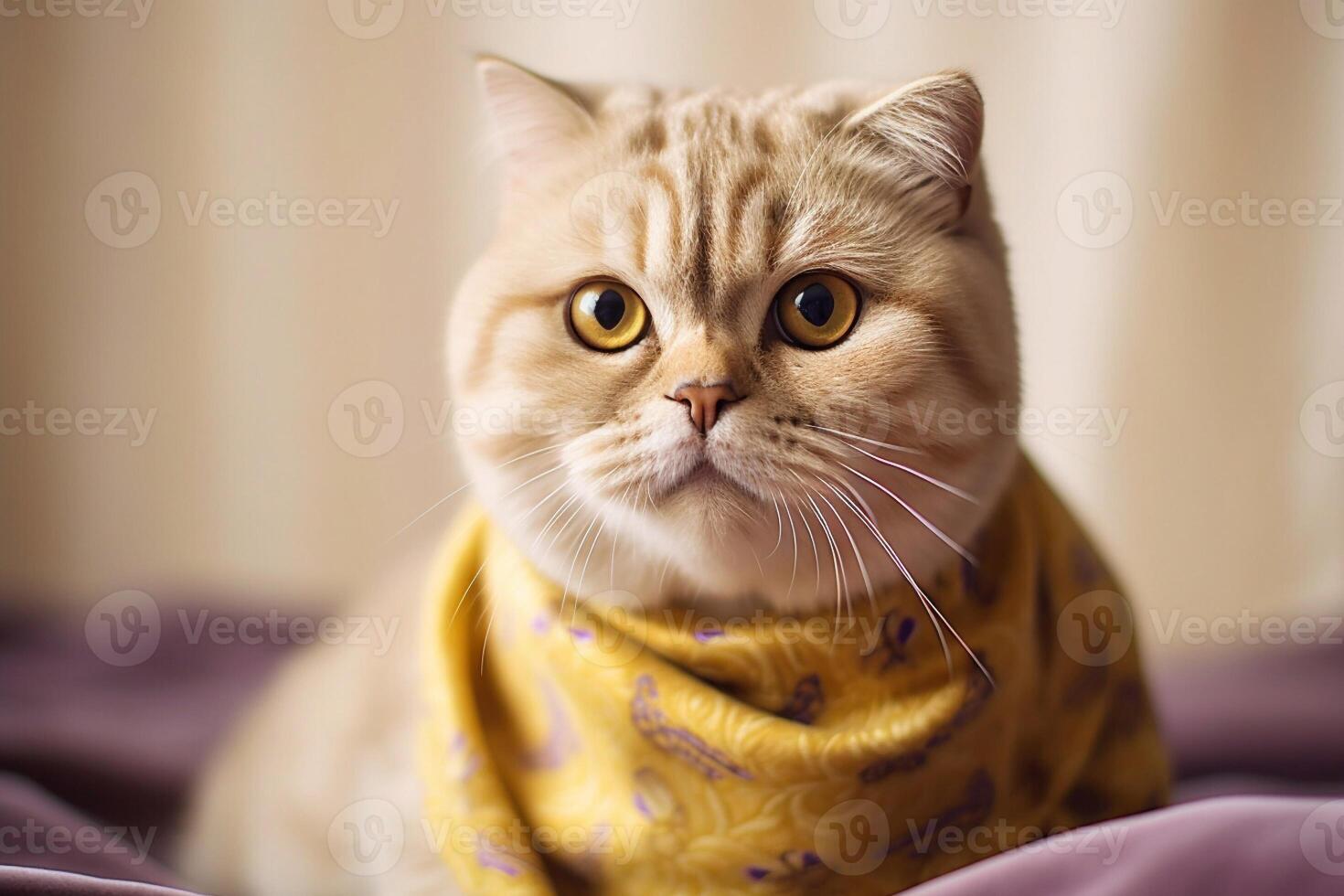 Beautiful Scottish fold wearing scarf on white background. photo
