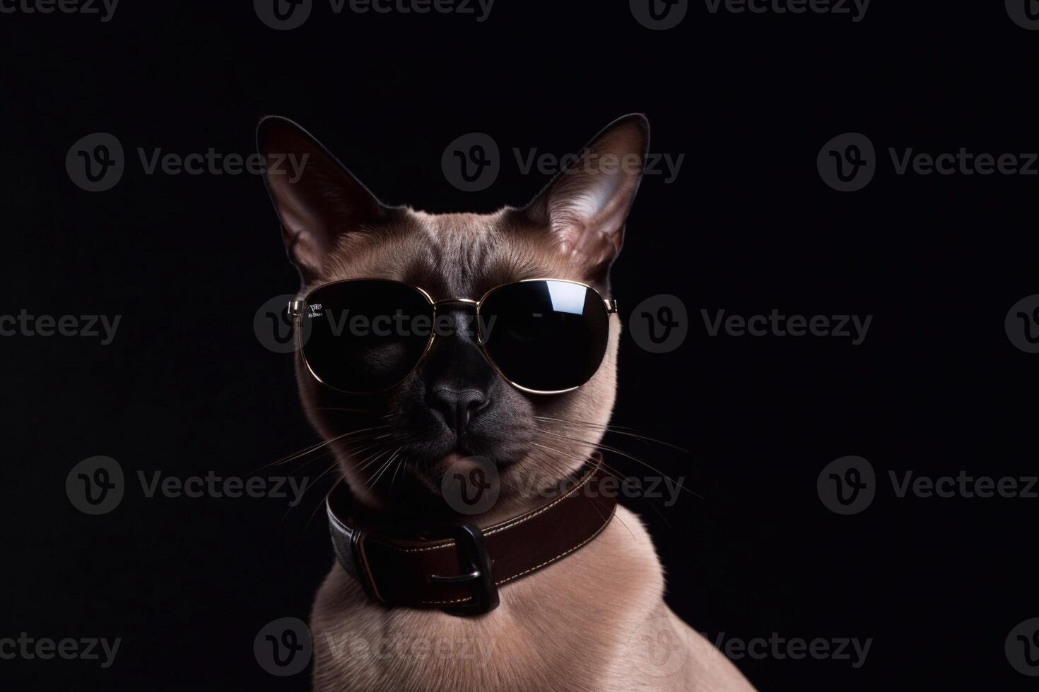 Siamese wearing black sunglasses on black background. photo