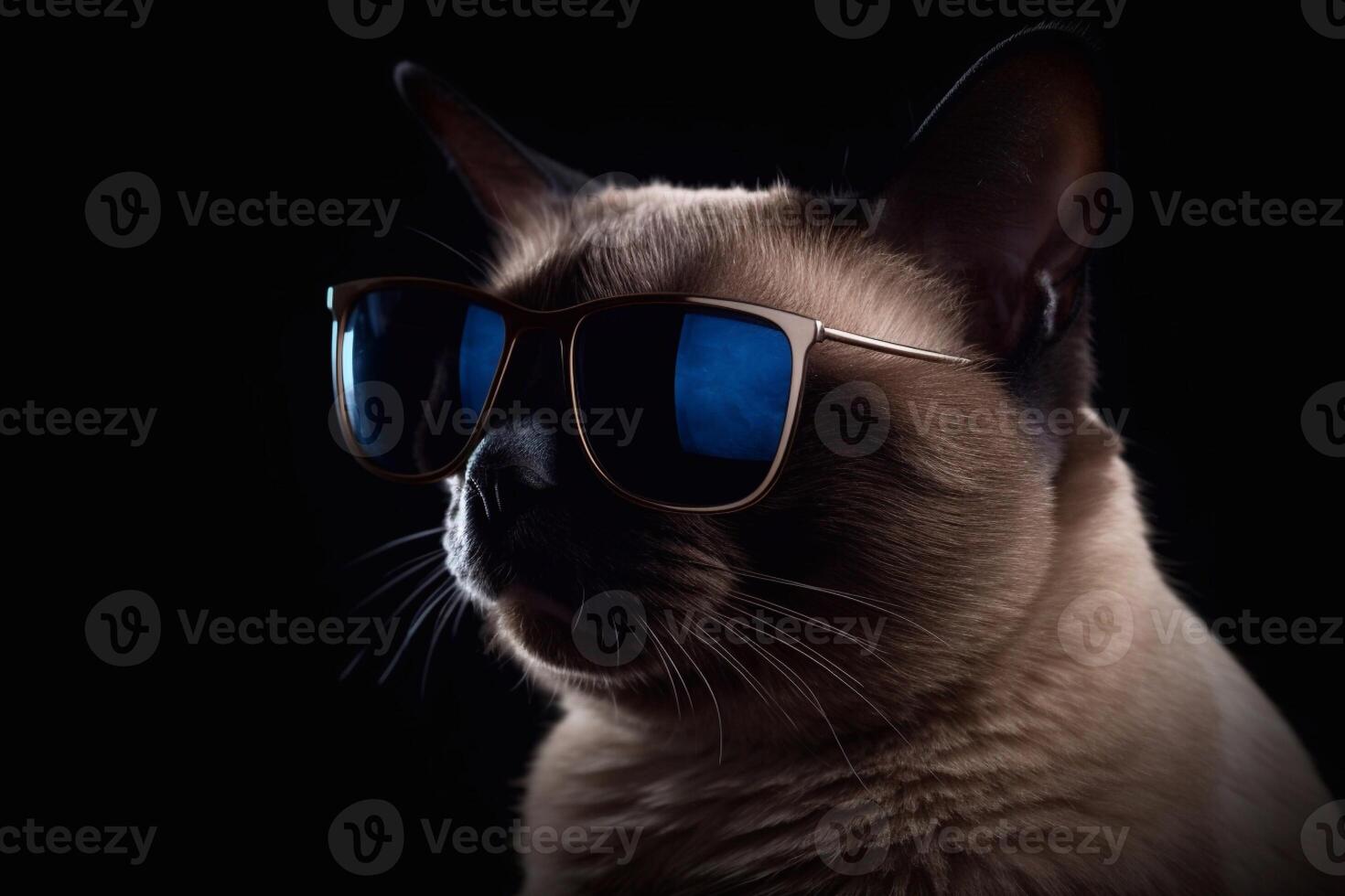 Siamese wearing black sunglasses on black background. photo