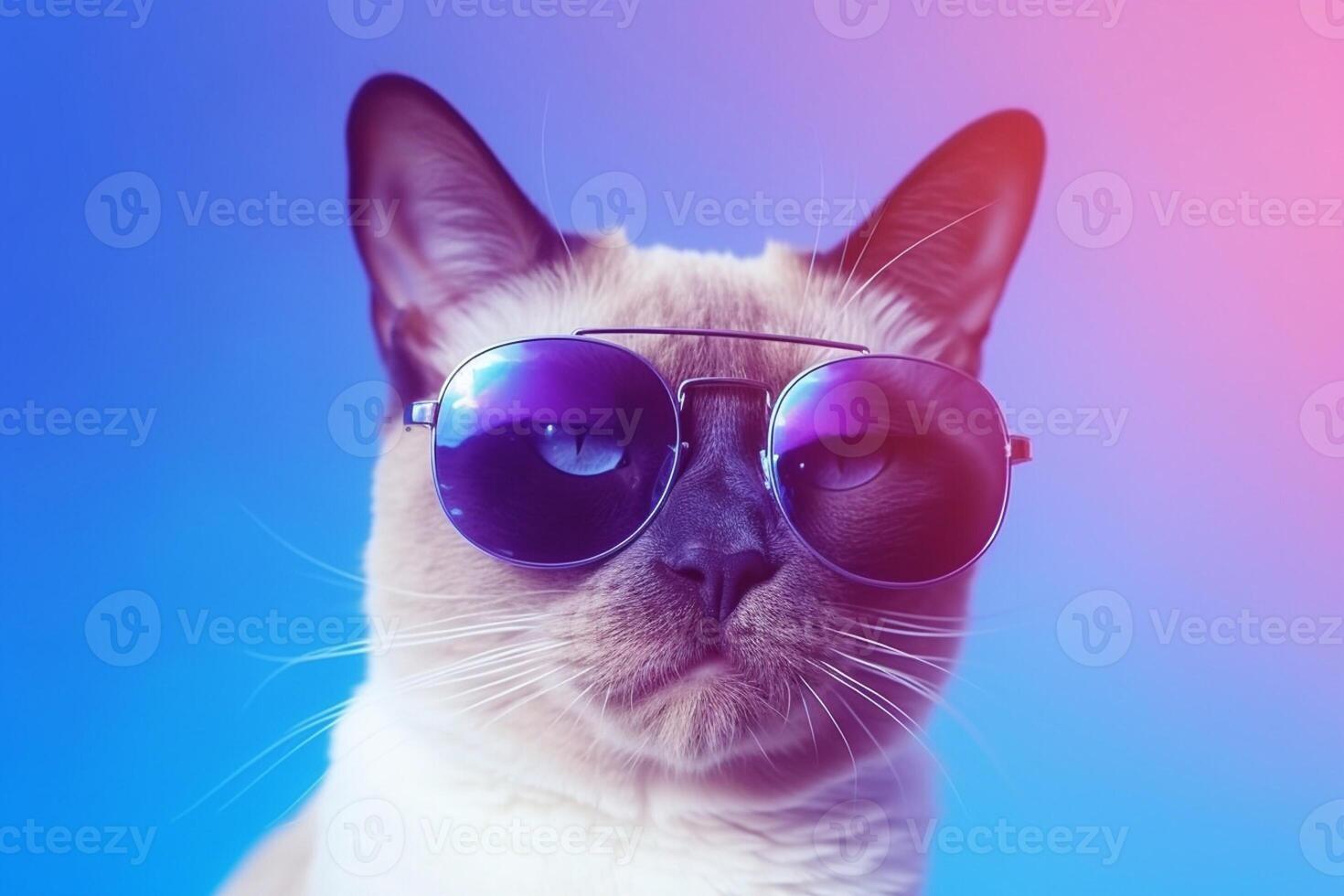 Portrait of a cat with blue sunglasses on a purple background. photo