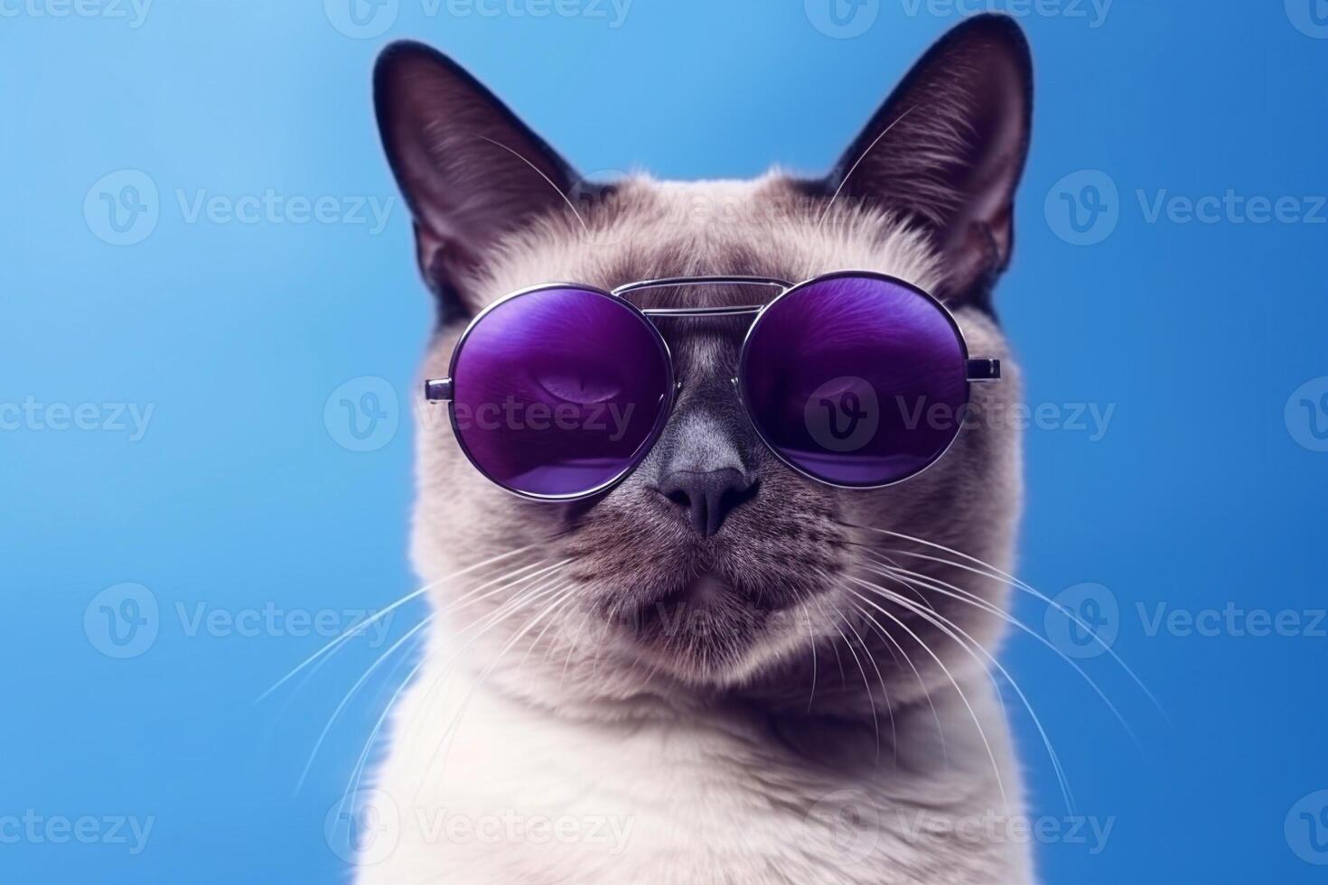 Portrait of a cat with blue sunglasses on a purple background. photo