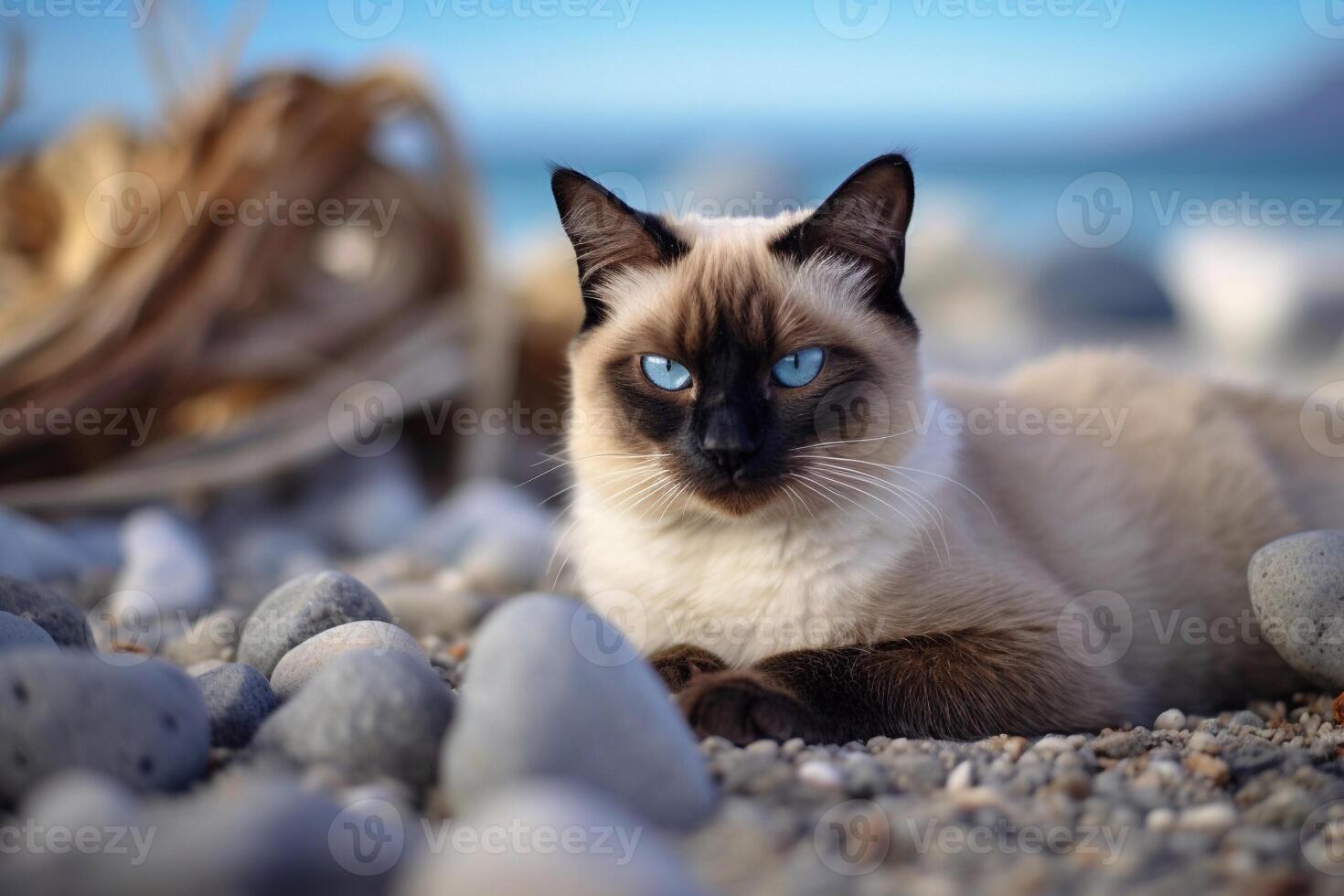 Siamese cat with blue eyes sitting on pebble beach. photo