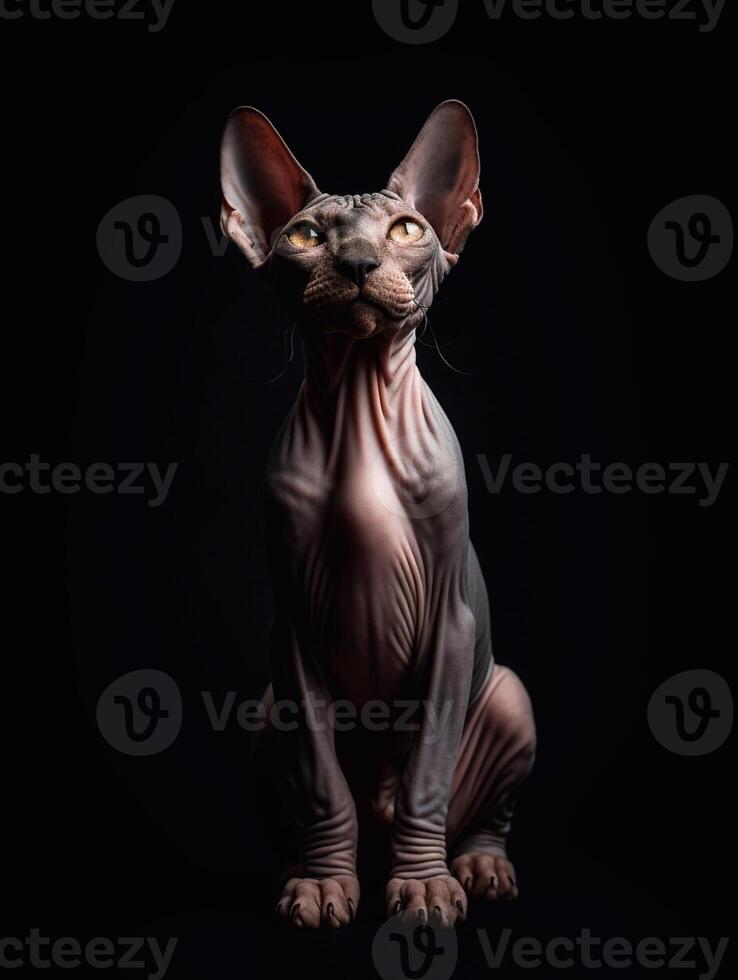 Adorable Sphynx cat on black background. photo