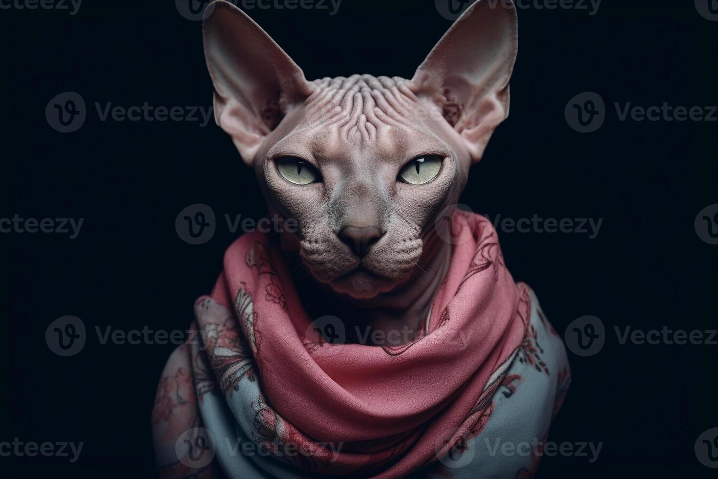 Portrait of a Sphynx cat with a scarf around his neck. photo