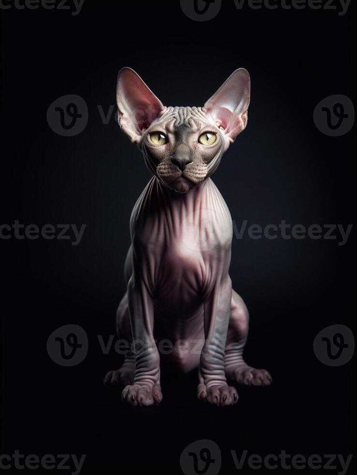 Adorable Sphynx cat on black background. photo