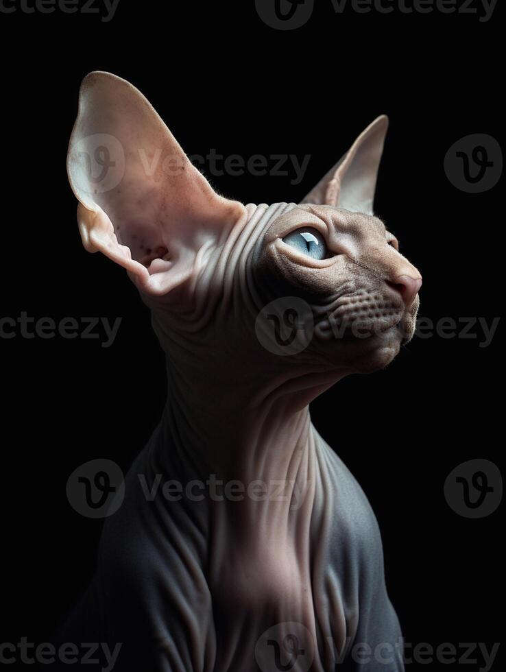 Adorable Sphynx cat on black background. photo