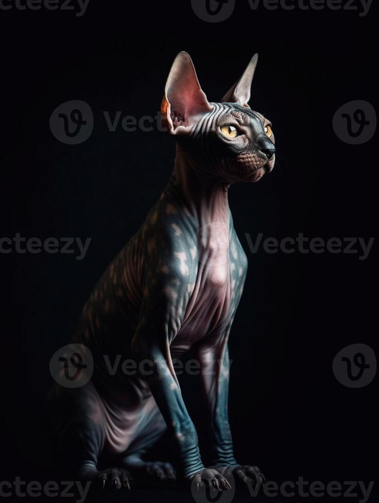 Adorable Sphynx cat on black background. photo