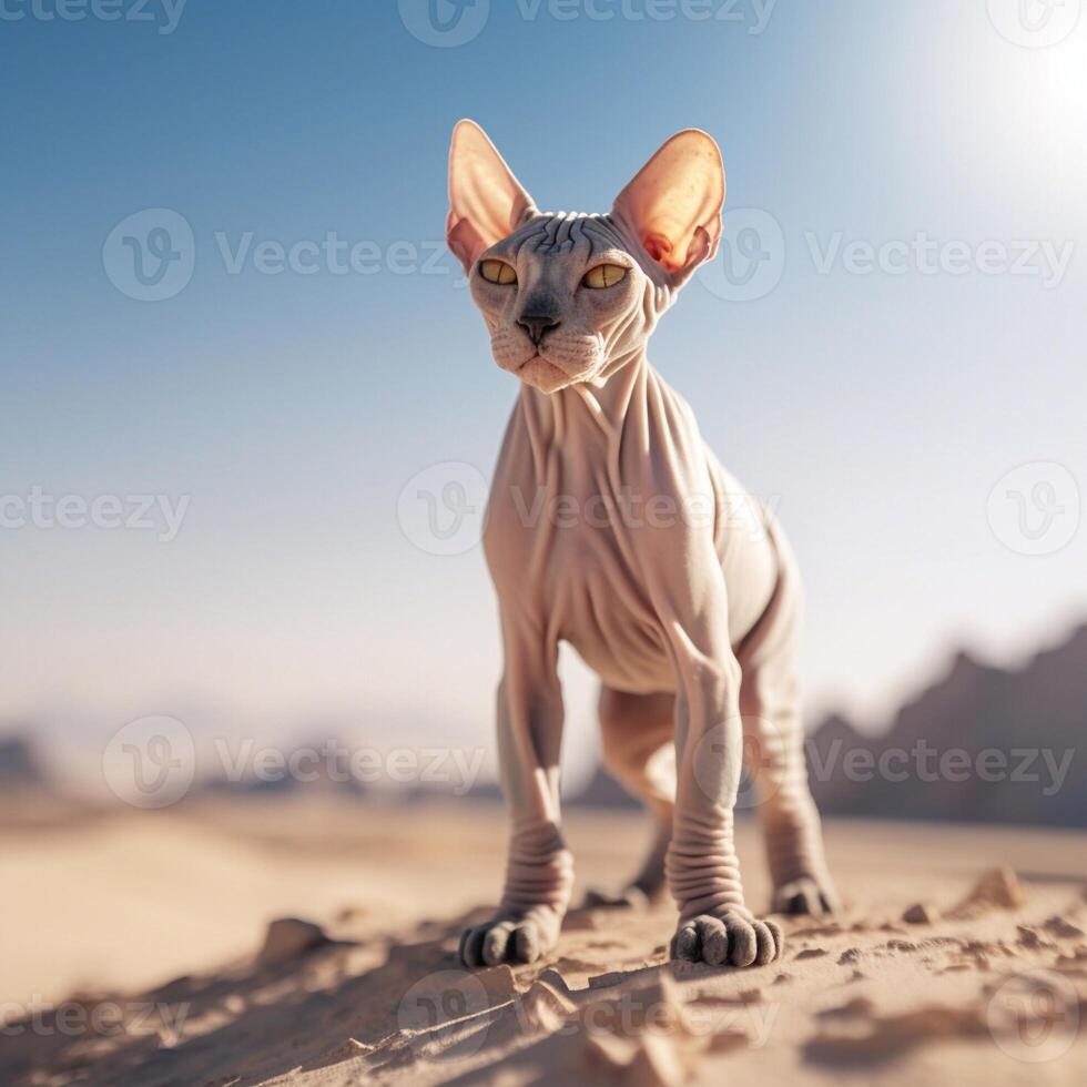 Beautiful Sphynx standing on desert. photo