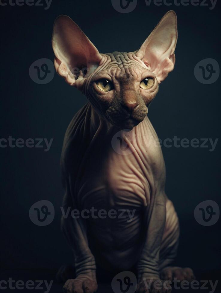 Adorable Sphynx cat on black background. photo