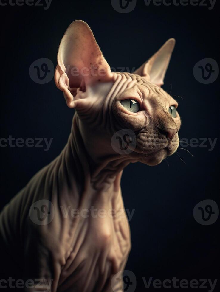 Adorable Sphynx cat on black background. photo