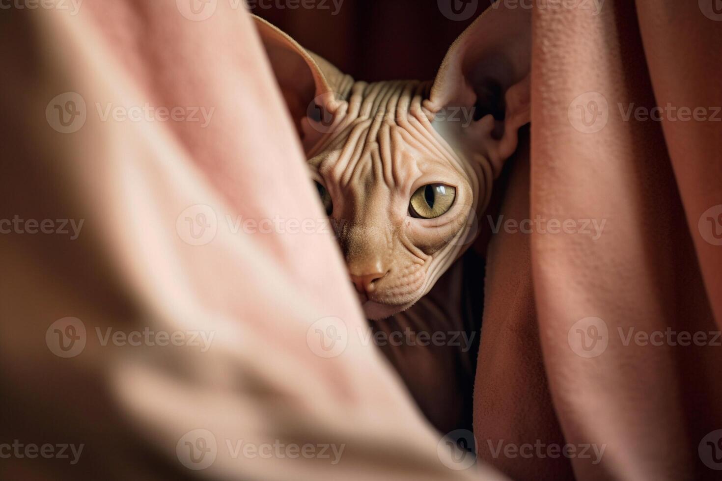 Close-up of a Sphynx cat hiding under a blanket. photo