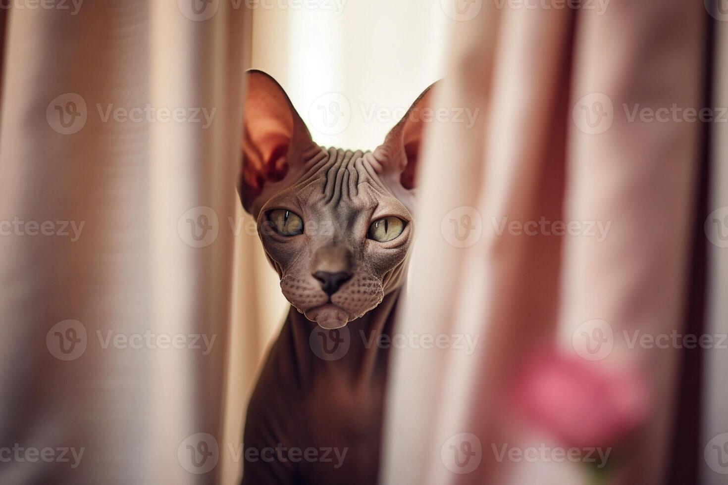 Close-up of a Sphynx cat hiding under a blanket. photo