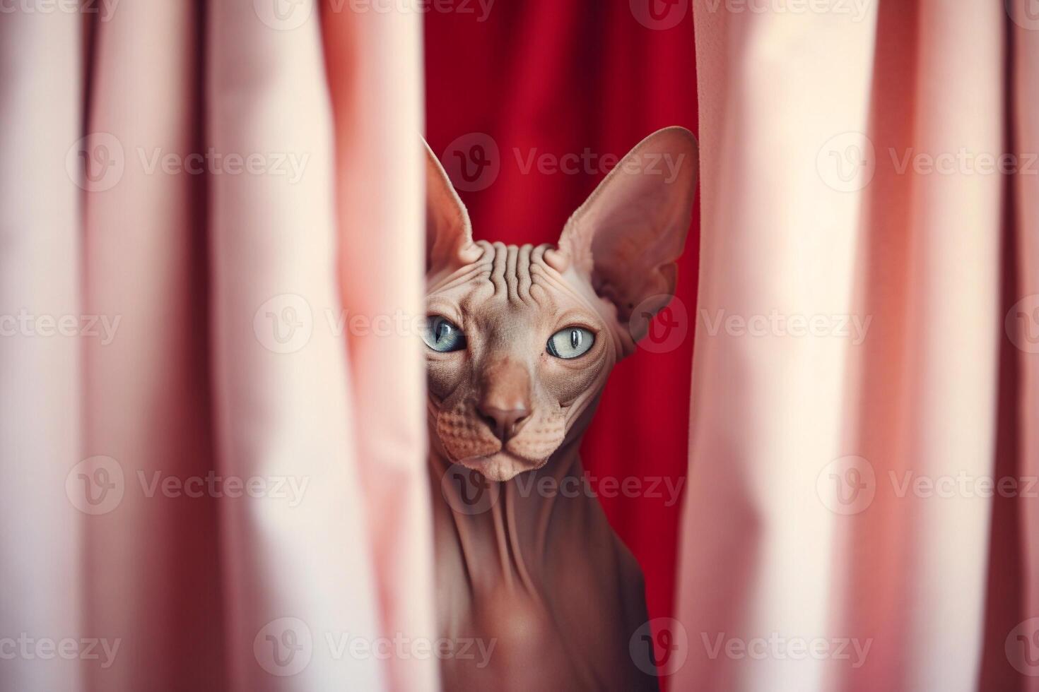 Close-up of a Sphynx cat hiding under a blanket. photo