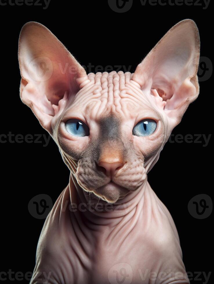 Adorable Sphynx cat on black background. photo