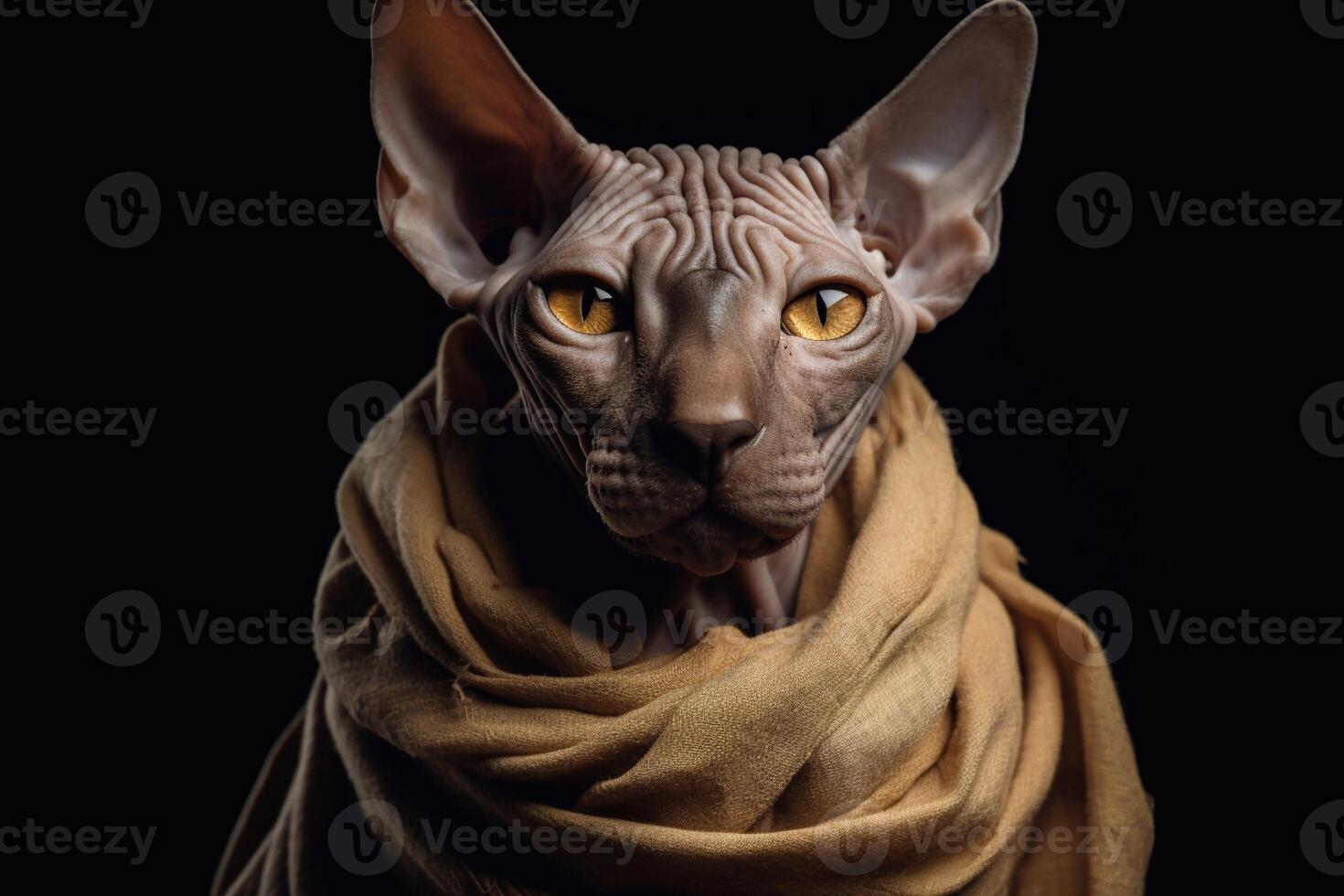 Portrait of a Sphynx cat with a scarf around his neck. photo