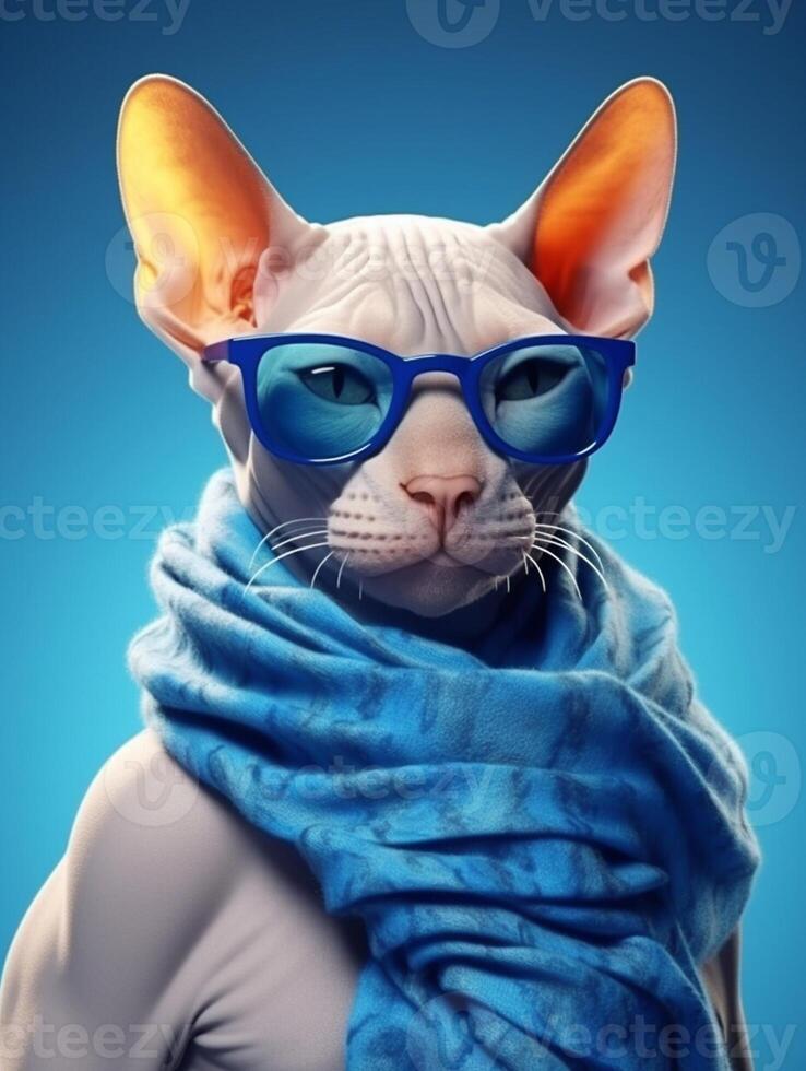 Beautiful Sphynx wearing glasses on blue background. photo