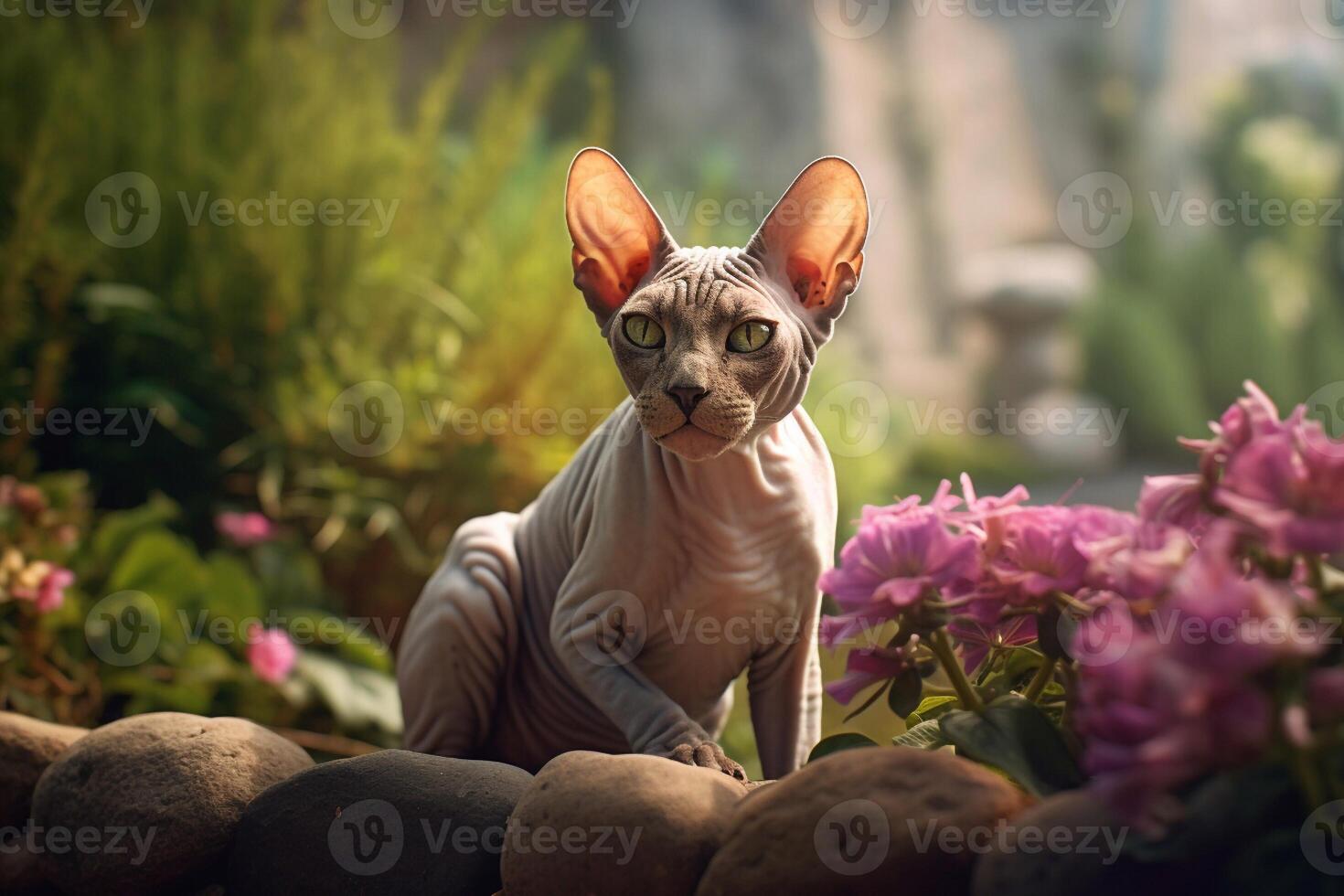 portrait of a sphynx cat with flowers in the background. photo