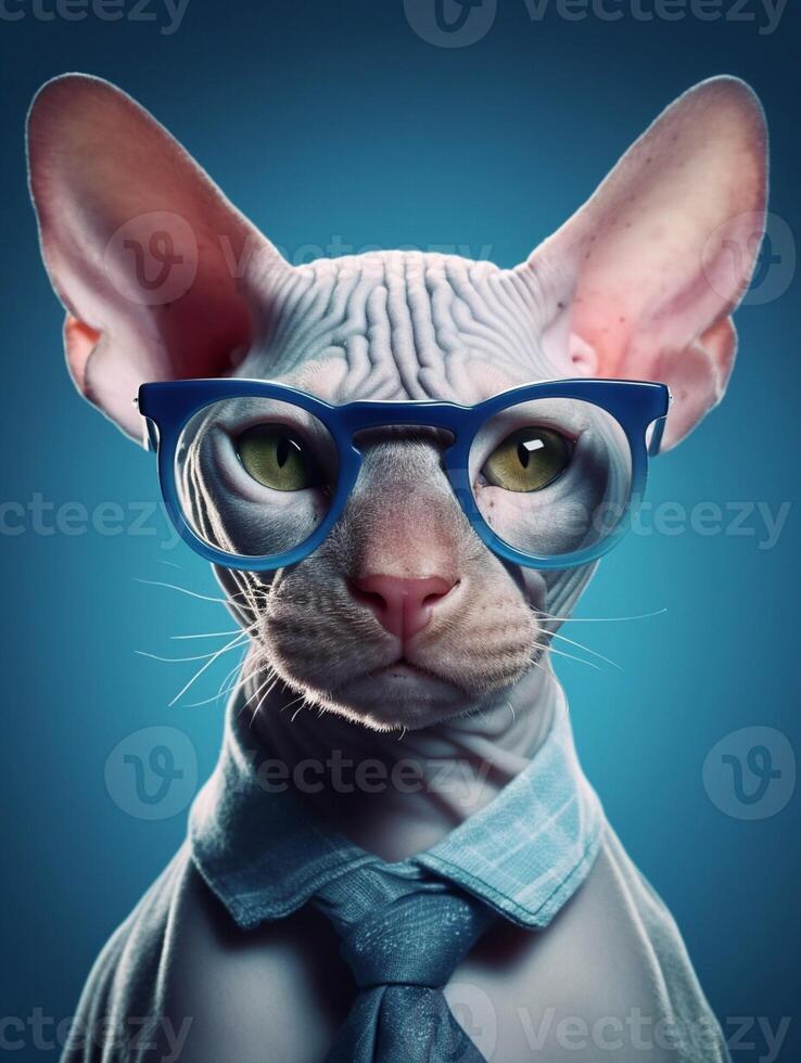 Beautiful Sphynx wearing glasses on blue background. photo