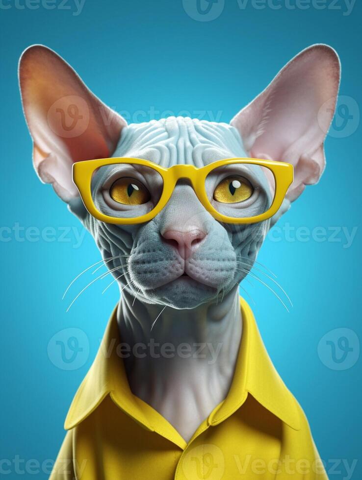 Funny cat with yellow glasses on blue background. photo