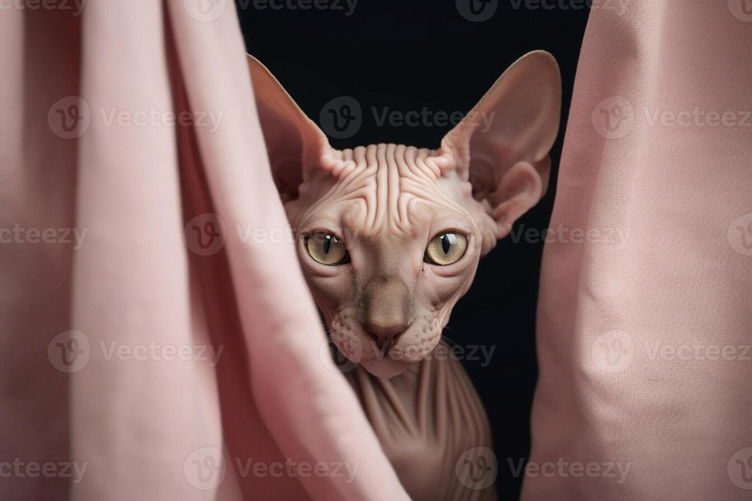 Close-up of a Sphynx cat hiding under a blanket. photo