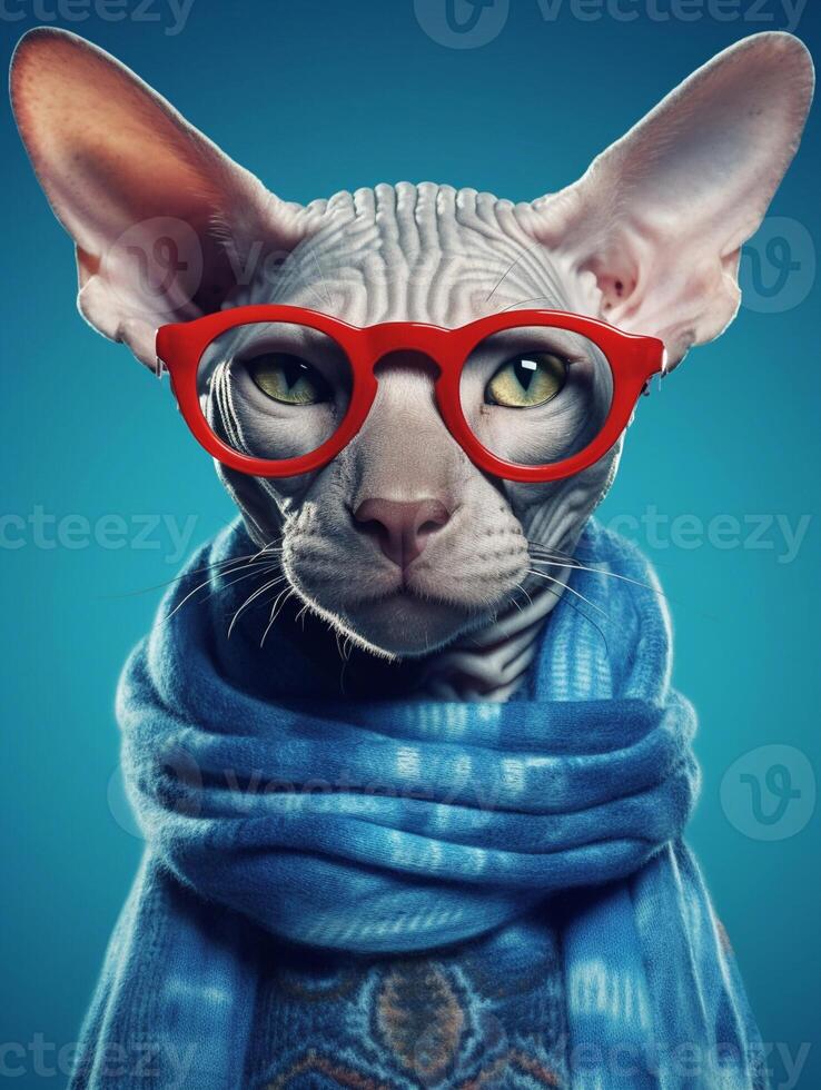 hermosa sphynx vistiendo lentes en azul antecedentes. generativo ai foto