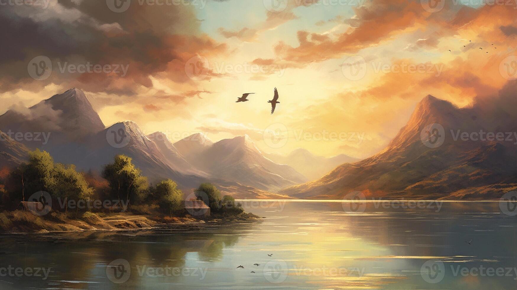 Fantasy landscape with mountains, lake and birds. Digital painting. photo