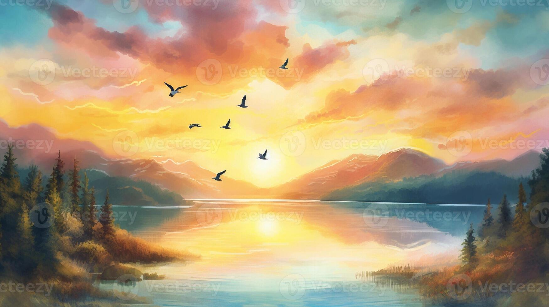 Fantasy landscape with mountains, lake and birds. Digital painting. generative ai photo