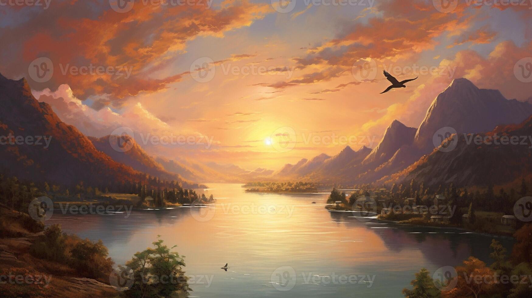 Fantasy landscape with mountains, lake and birds. Digital painting. photo