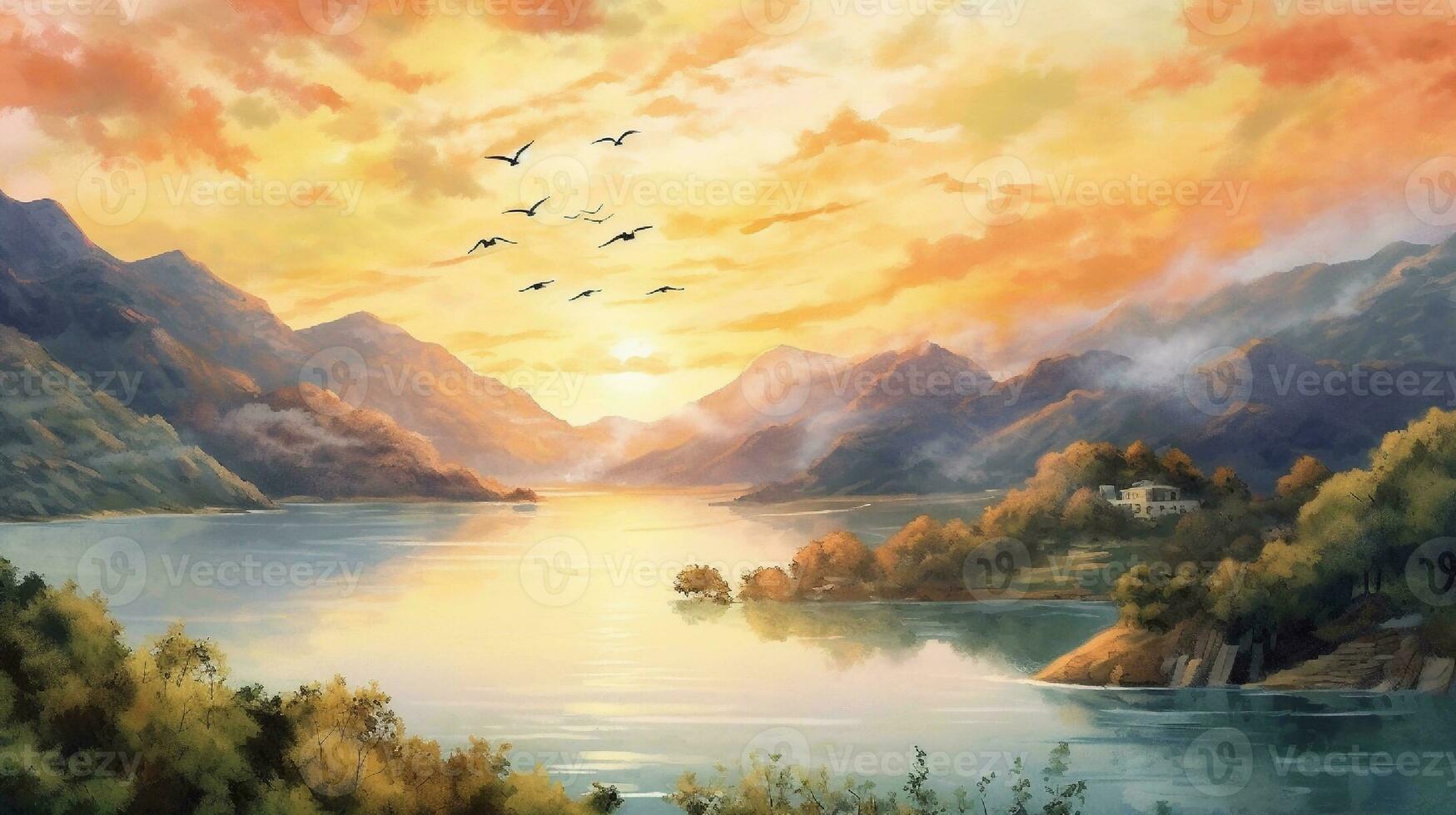Fantasy landscape with mountains, lake and birds. Digital painting. generative ai photo