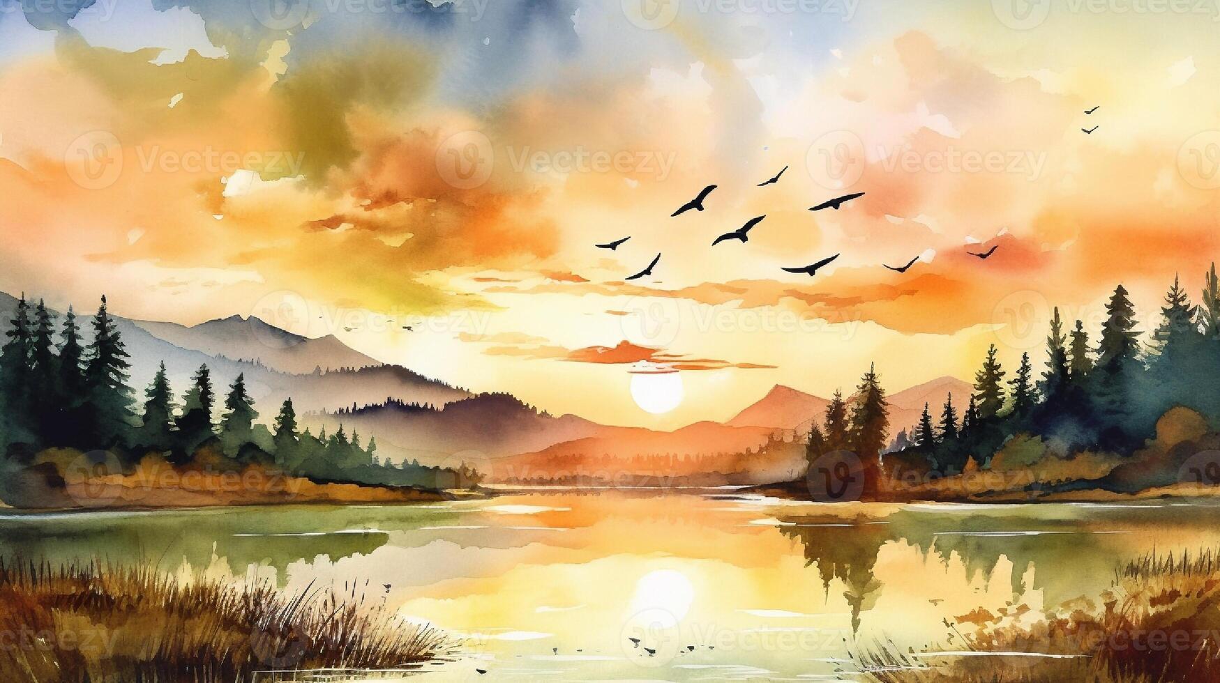 Fantasy landscape with mountains, lake and birds. Digital painting. photo