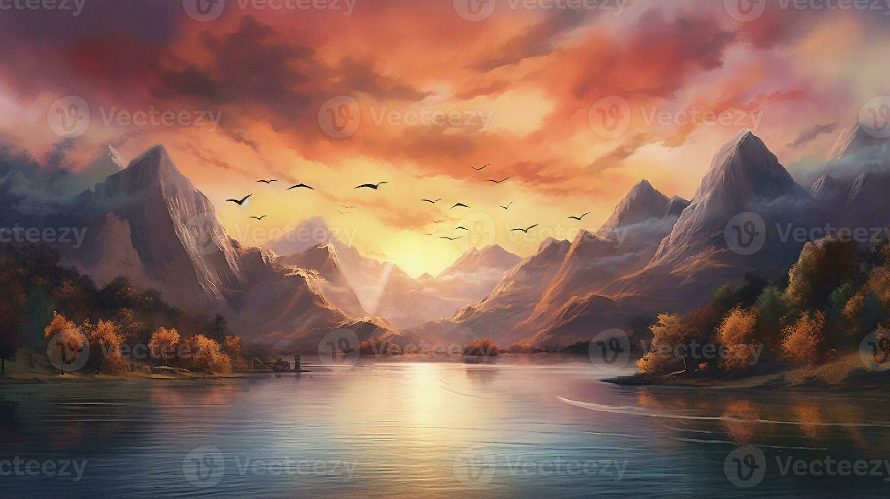 Fantasy landscape with mountains, lake and birds. Digital painting. generative ai photo