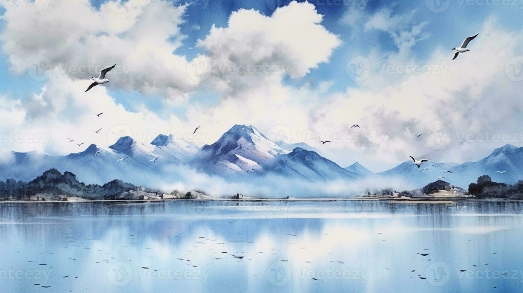 Watercolor painting of a lake and mountains with birds flying in the blue sky. generative ai photo