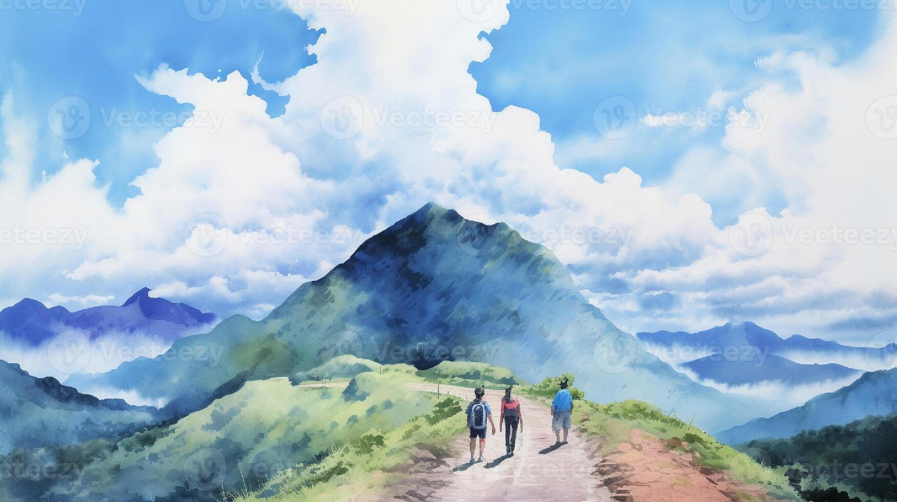Digital watercolor painting of a group of hikers walking on a mountain trail. photo