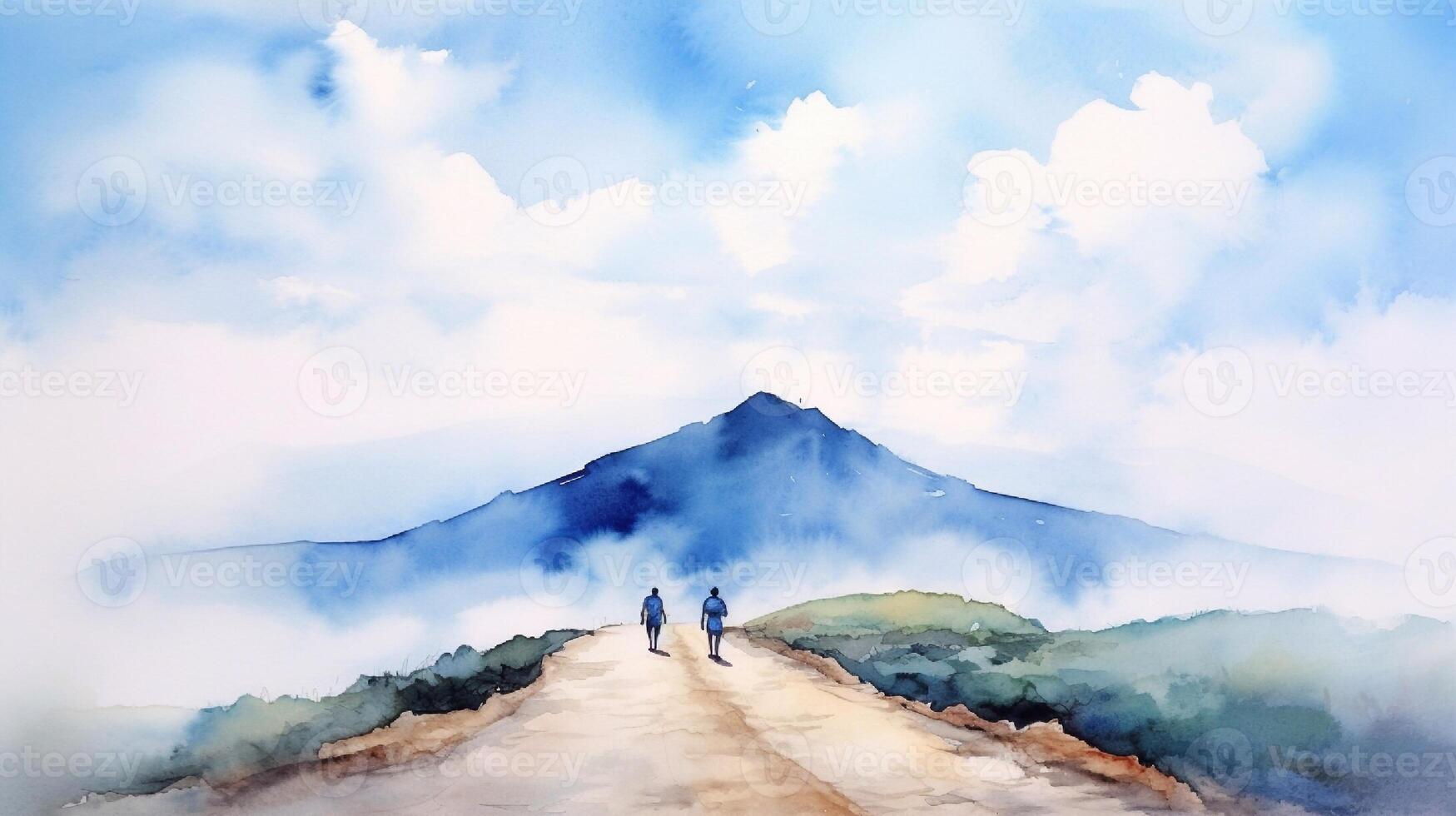 Digital watercolor painting of a group of hikers walking on a mountain trail. photo