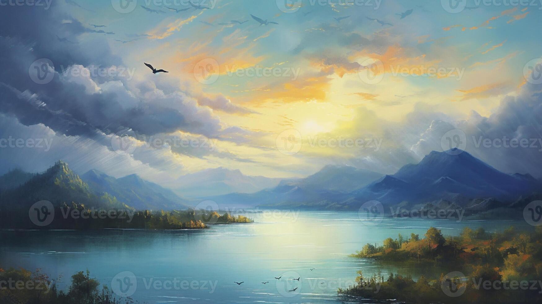 Digital painting of a mountain landscape with a lake and a flock of birds. photo