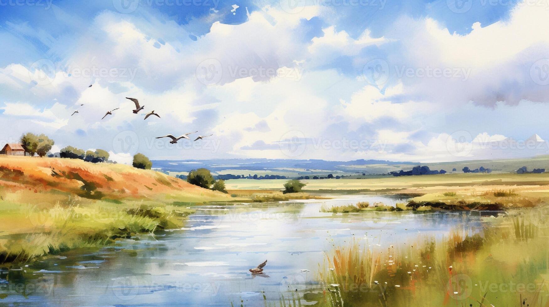 Digital painting of a mountain landscape with a lake and a flock of birds. photo