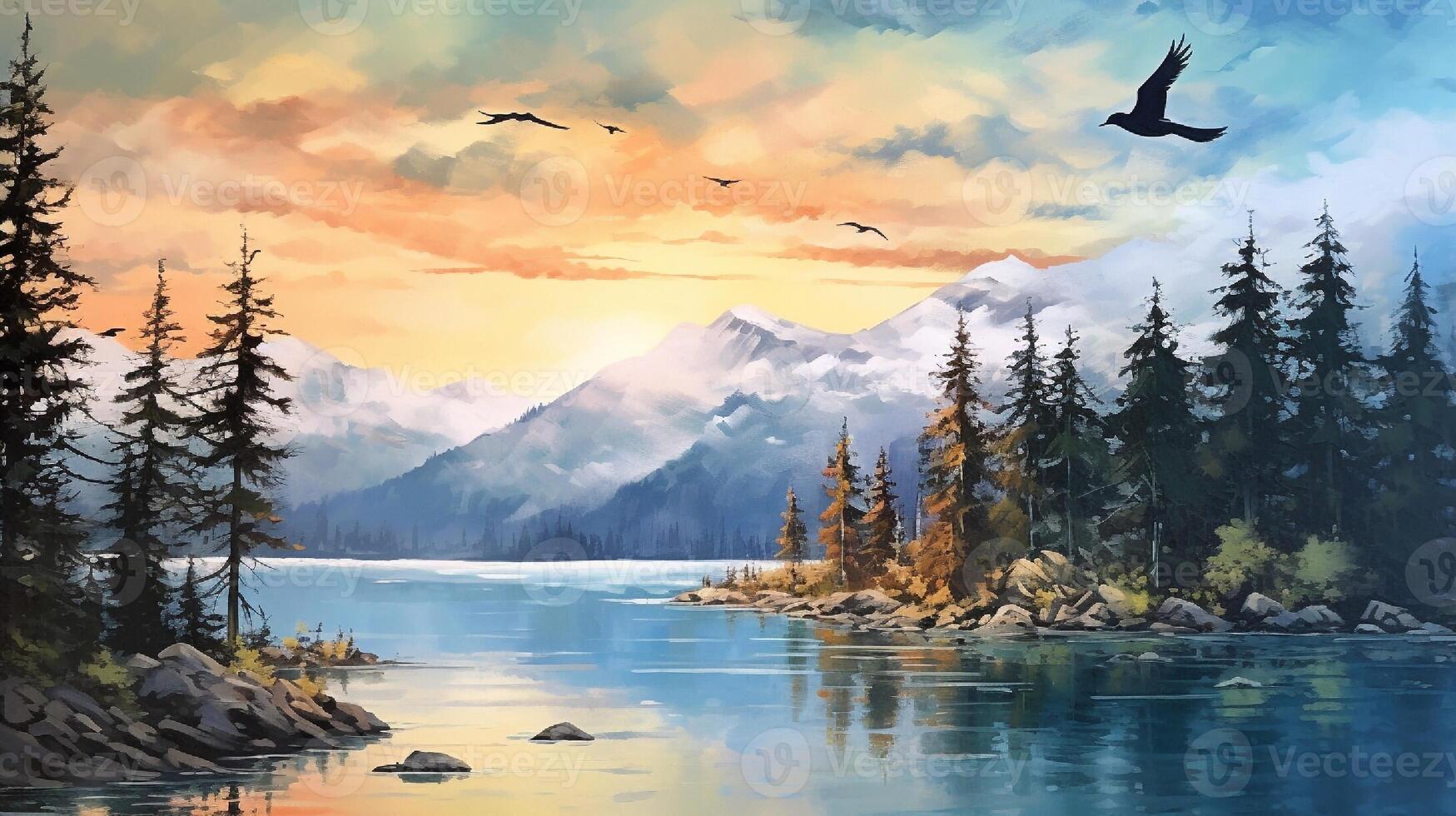 Digital painting of a mountain landscape with a lake and a flock of birds. photo