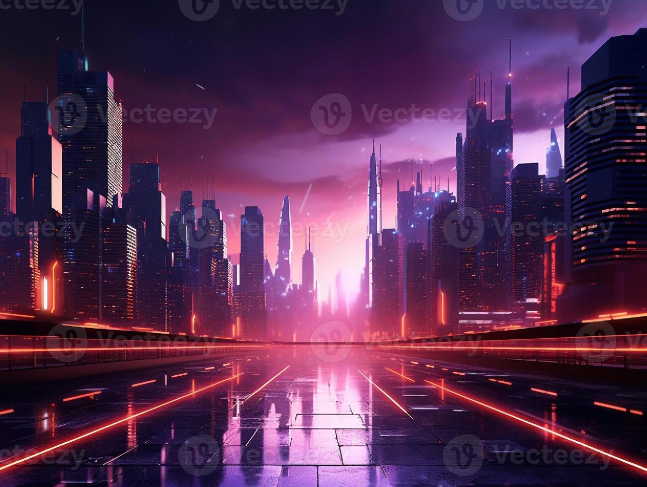 Futuristic city landscape in the 80s style. Vector illustration photo